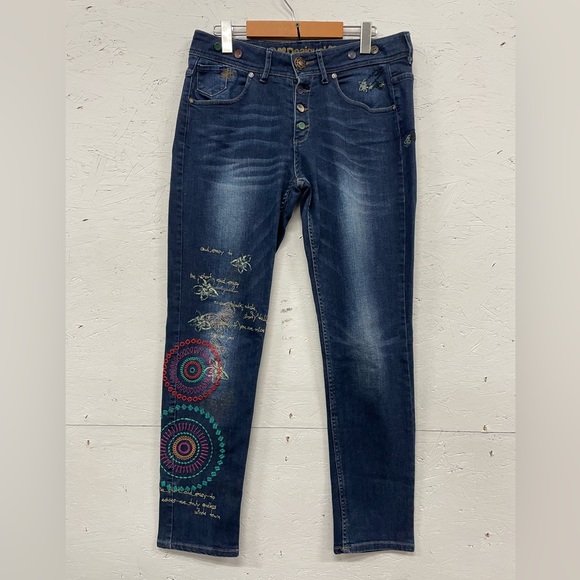 Desigual Denim - Desigual Yes! Denim Embroidered Button Fly Jeans, Size 28 (see measurements)